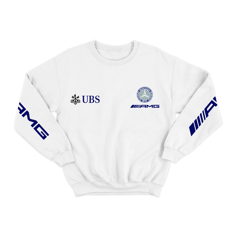Moletom Mercedes AMG Retrô Logo Azul Branco